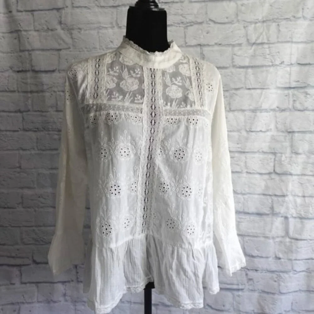 ZARA Broderie Anglaise and Lace XS White Top Embroidered 100% Cotton blouse - Picture 2 of 15